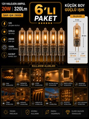 Avarson (6 Adet) Osaka 12VOLT 20W Sarı Işık G4 Duylu Dim Edilebilir Halojen Kapsül Ampul