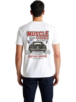 PayBuy Erkek Vintage Garaj Klasik Araç Tamiri Baskılı Tişört %100 Pamuk Rahat Kesim Günlük Modern Şık Zarif