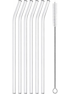 Zemira 6’lı Cam Pipet Seti + Temizleme Fırçası – Kavisli Şeffaf Cam Pipet, Yeniden Kullanılabilir, Bulaşık