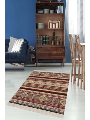 Zemira Pelangi Bej Renk Otantik Kilim Desenli Etnik Dijital Baskı Yıkanabilir Salon Halısı, Bej 160