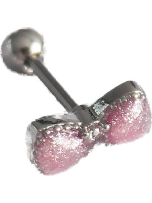 Zemira 316L Çelik Gümüş Renk Pembe Kurdele Zirkon Taş Detay Tragus Piercing - TJ-PR1295