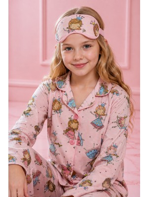 Enie Kız Çocuk %95 Pamuk Prenses Desenli Uzun Kollu Göz Bantlı Pijama Takımı