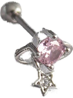 Zemira 316L Çelik Gümüş Renk Pembe Zirkon Taşlı Sallantı Yıldız Detay Tragus Piercing - TJ-PR1237