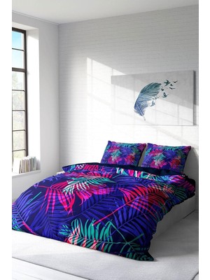 Zemira Monohome Çift Kişilik Nevresim Takımı Özel Dokuma Pamuk Saten 3D Digital Palm Color Lacivert, Monoh