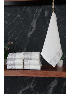 Zemira % 100 Pamuklu Kadife Güpürlü Inci Işlemeli 6 Lı Çeyizlik El Yüz Havlu Seti - 30X50 cm - 04466 - Gri