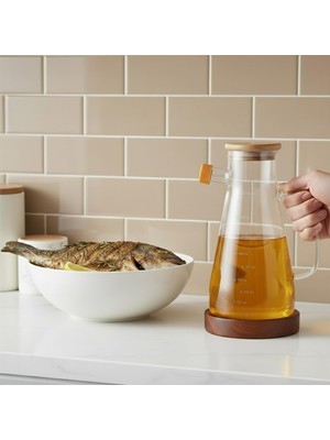 Zemira Amberhaus Kesten 900 ml Cam Yağdanlık | Ahşap Kapaklı Altlıklı | Şeffaf, Pratik Mutfak Si