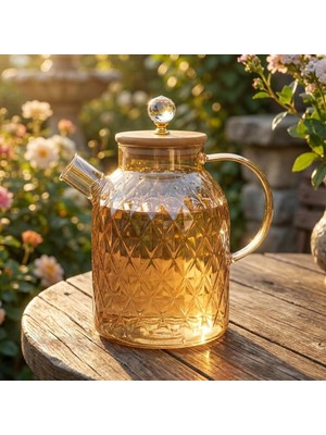Zemira Deconox Lusterli Borosilikat Cam Sürahi - Isıya Ateşe Dayanıklı, Bambu Kapaklı Kristal Kulplu