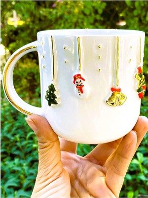 Zemira Kalite 24 Ayar Altın Detaylı El Yapımı Christmas Mug 450 ml Gold Handmade