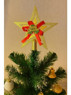 Zemira Yılbaşı Ağacı Yıldızı Gold Kurdelalı Merry Christmas Yazılı Yılbaşı Süsü