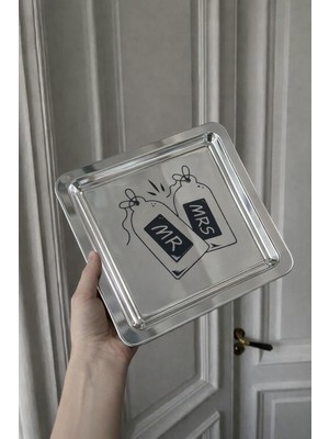 Zemira & Mrs. Desenli Kare Paslanmaz Çelik Kahve Çay Söz Nişan Sunum Dekoratif Tepsi