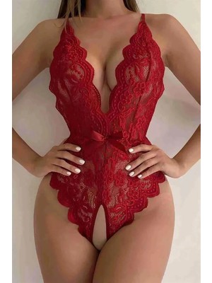 Lizbon Center Kırmızı Özel Bölgesi Açık Fiyonklu Dantel Body