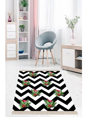 Zemira Pelangi Flamingo Zigzag Desenli Dijital Baskı Yıkanabilir Kaymaz Taban Salon Halı, Siyah-Bey