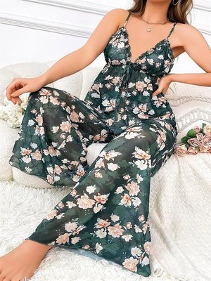Lizbon Center Özel Tasarım Büyük Beden Çiçek Desenli Bol Kesim 2'li Pijama Takımı