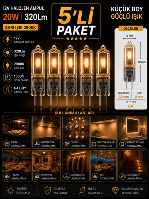 Avarson (5 Adet) Osaka 12VOLT 20W Sarı Işık G4 Duylu Dim Edilebilir Halojen Kapsül Ampul