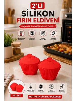 Kea Ev Eşyaları 2'li Silikon Fırın Eldiveni Isıya Dayanıklı Mutfak Fırın Tepsi Tencere Tutacağı Kırmızı