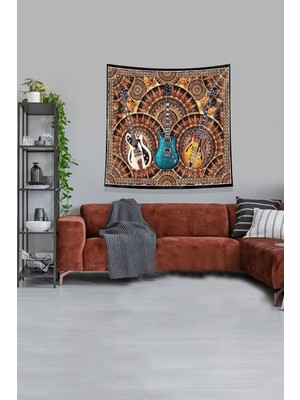 Zemira Pelangi Turuncu 3 Gitar Tutmaz Kadife Kumaş Duvar Örtüsü Duvar Halısı Tapestry KWLL331, 35 x 5