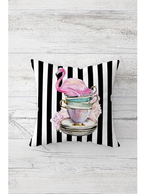 Zemira Pelangi Fincan Flamingo Desen Çift Tarafı Baskılı Gizli Fermuarlı Yastık Kılıfı Kırlent Koltuk Yast