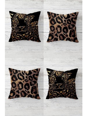 Zemira Pelangi Gold Leopar Kaplan Desen Gizli Fermuarlı Kırlent Kılıfı Koltuk Yastık Kılıfı TAKIM(4ADET
