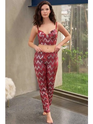 Lizbon Center Kadife Balenli Destekli Dolgulu Parlak Baskılı Fermuar Detaylı Büstiyer ve Pantolon Pijama Takımı