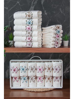Zemira Pamuklu 3D Çiçek Işlemeli 12 Li Analı Kızlı Çeyizlik Havlu Seti 50X90 cm - 00030
