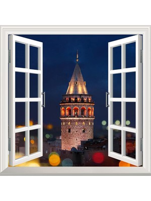 Zemira Pencere Poster Duvar Kağıdı Galata Kulesi Akşam Yapışkanlı Sticker