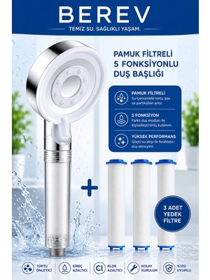 Berev Filtreli 5 Fonksiyonlu Krom Yüksek Basınçlı Ayarlanabilir Duş Başlığı 3 Adet Duş Başlığı Filtresi