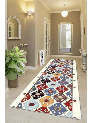 Zemira Pelangi Otantik Kilim Desenli Etnik Dijital Baskı Yıkanabilir Salon Halı Yolluk, Mavi-Bey