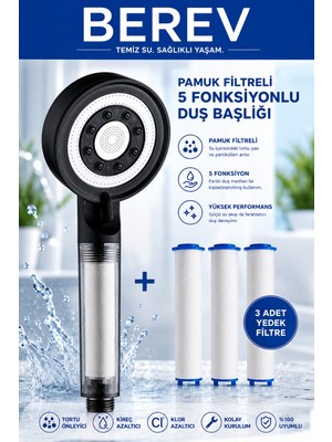 Filtreli 5 Fonksiyonlu Siyah Yüksek Basınçlı Ayarlanabilir Duş Başlığı 3 Adet Duş Başlığı Filtresi