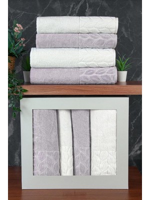 Zemira HAZAL%100 Pamuklu Kutulu 4'lü Banyo Havlu Seti Hamam Takımı 50X90-90X150 Antrasit-Krem - 00081