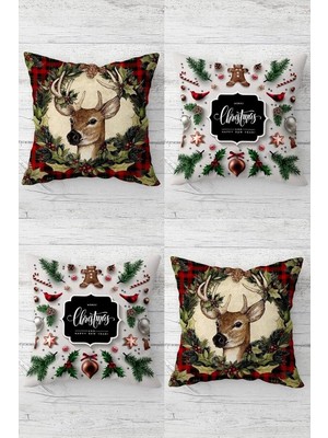 Zemira Pelangi Geyik Merry Christmas Çam Ağacı Gizli Fermuarlı Kırlent Kılıfı Koltuk Yastık Kılıfı Takım(4