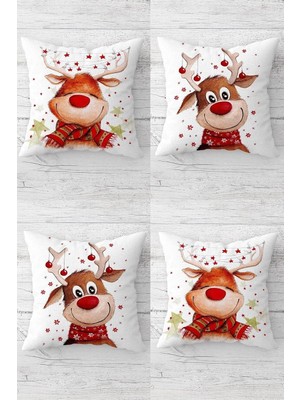 Zemira Pelangi Geyik Yılbaşı Noel Christmas Gizli Fermuarlı Kırlent Kılıfı Koltuk Yastık Kılıfı TAKIM(4ADE