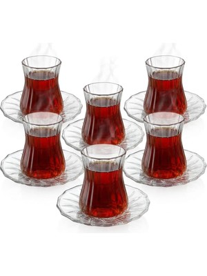 Zemira Deconox 12 Parça Çay Seti - 6 Adet Fitil Desenli Cam Çay Bardağı 6 Adet Cam Çay Tabağı - Isıya D