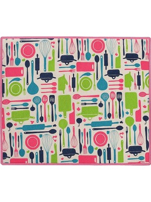 Zemira Mutfak Desen Bulaşık Kurutma Altlığı, 35X45 Cm, Pembe Yeşil Çerçeveli, Mutfak Gereçleri Desenli