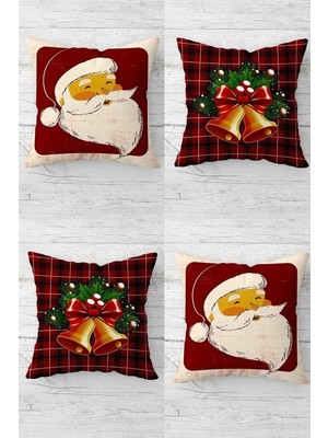 Zemira Pelangi Christmas Noel Baba Zil Temalı Gizli Fermuarlı Kırlent Kılıfı Koltuk Yastık Kılıfı TAKIM(4A