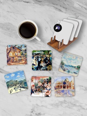 Zemira Postermanya (PSTER21252) Auguste Renoir Temalı Standlı Ahşap Bardak Altlığı Seti, 6 Adet Baskılı Ba