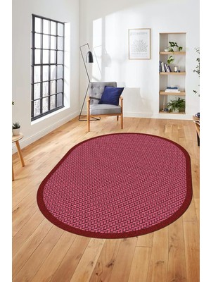 Zemira Dijital Kaymaz Taban Yıkanabilir Jüt-Hasır Desen Oval Mutfak Yolluk Salon Halısı O-Jüt-03, Kırmızı,