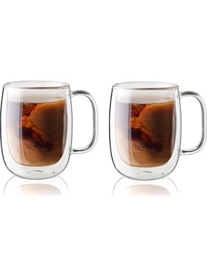 Zemira Zwilling Sorrento Çift Camlı Kulplu 2'li Kahve Bardağı Seti, 355 Ml, Cam, Şeffaf Cam