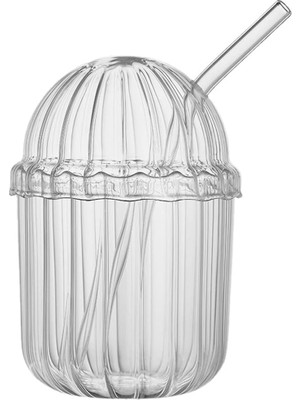 Zemira 500ML Cam Kapaklı Pipetli Bardak, Kalın Çizgi Desenli Sıcak Soğuk Içecekler Için Kahve Meyve Suları