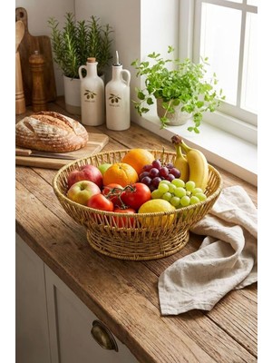 Zemira 31 cm Plastik Rattan Servis Çanağı, Doğal Hasır Görünümlü, Yuvarlak, Iç Içe Geçebilen, 3 Par