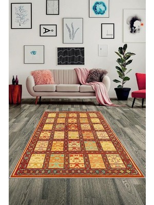 Zemira Pelangi Etnik Kilim Deseli Dijital Baskılı Yıkanabilir Kaymaz Taban Salon Halısı, Sarı-Kahve