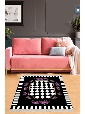 Zemira Pelangi Geometrik Desenli Çiçek Motifli Dijital Baskı Yıkanabilir Kaymaz Taban Salon Halısı,