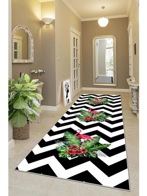 Zemira Pelangi Flamingo Zigzag Desenli Etnik Dijital Baskı Yıkanabilir Salon Halı Yolluk, Siyah-