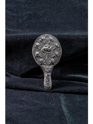 Zemira Turan DESIGN.925 Ayar Gümüş Gül Desenli Mini Boy El Aynası