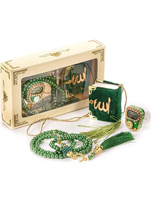Zemira Ihvan Online Taşlı Zikirmatik Inci Tesbihli Mini Kadife Kuranı Kerim Seti Mevlüt Hediyesi (Yeşil
