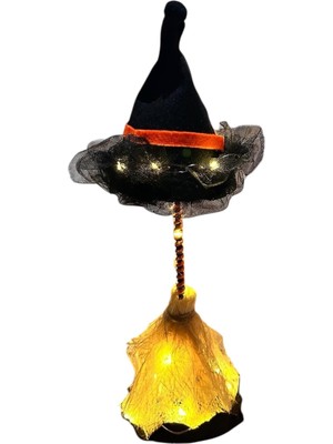 Zemira Halloween Cadı Şapkası, LED Işıklı, Siyah Kumaş, Cadı Süpürgesi, Turuncu Şeritli, Dekoratif Süsleme