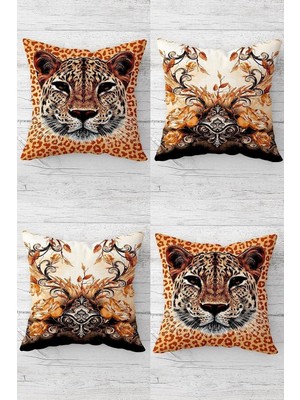 Zemira Pelangi Wild Life Leopar Desenli Gizli Fermuarlı Kırlent Kılıfı Koltuk Yastık Kılıfı TAKIM(4ADET),