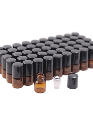 Zemira 50 Paket 1ml Amber Cam Şişeler Şişede Rulo, Paslanmaz Çelik Rulo Bilyalı Cam Silindir Şişesi, Siyah