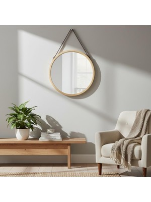 Zemira Ahşap Çerçeveli Yuvarlak Duvar Aynası 40 cm – Askılı Halatlı, Dekoratif Ayna