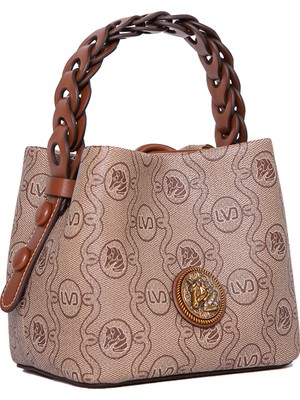Lêvi D'or Monogram Baskılı Örme Kulp Detaylı Küçük Boy Kadın El Çantası Camel