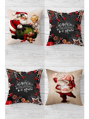 Zemira Pelangi Merry Christmas Yılbaşı Noel Gizli Fermuarlı Kırlent Kılıfı Koltuk Yastık Kılıfı TAKIM(4ADE
